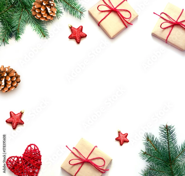 Obraz Christmas gift and fir tree branches. Top view