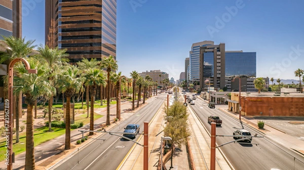Obraz Vibrant street scene in downtown Phoenix, Arizona featuring palm trees lining a wide avenue with traffic and modern buildings. The sunny day creates a bright and energetic feel. Suitable for marketing