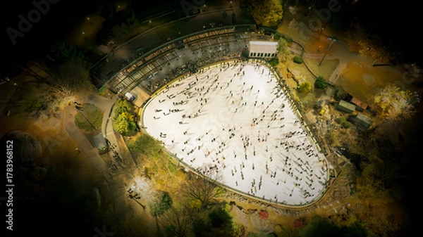 Obraz Aerial view of a large ice skating rink filled with skaters illuminated by evening lights. People are actively skating in various positions within the oval-shaped area. Trees surround the rink