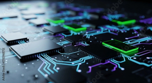 Fototapeta Close up view of a circuit board with chips and glowing blue and purple lines connecting the components