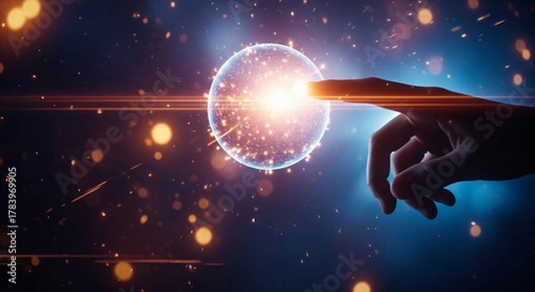 Fototapeta A hand touching a glowing orb with particles in a dark blue and orange abstract background space scene
