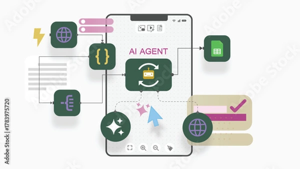 Fototapeta AI Workflow Automation Interface for Mobile Devices. Visualizing Intelligent Agent Interactions with Nodes, Triggers, and Real-Time Data Flow