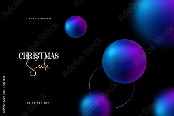 Fototapeta Colorful spheres float against dark backdrop, creating festive atmosphere for promotions. Design for holiday headers, banners, party invitations.