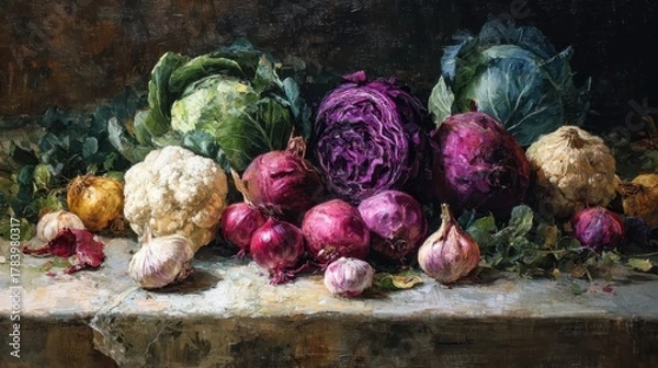 Obraz Still Life of Fresh Vegetables with Cauliflower, Cabbage, Red Onions, Garlic on Wooden Surface