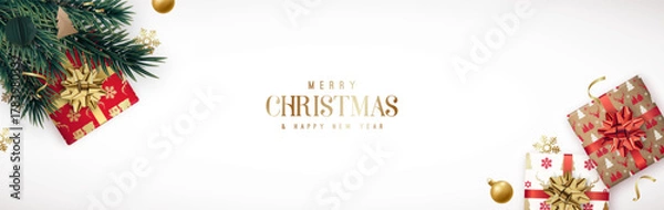 Fototapeta Elegant Christmas design features festive gifts, decorative ornaments, and greenery. Horizontal Christmas header for website template, flat top view.