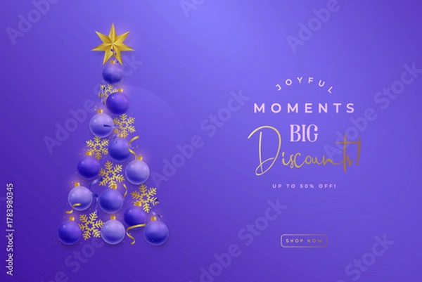 Fototapeta Stylish Christmas tree design with purple ornaments and golden accents creates festive atmosphere. Design poster shopping store, shop discount banner.