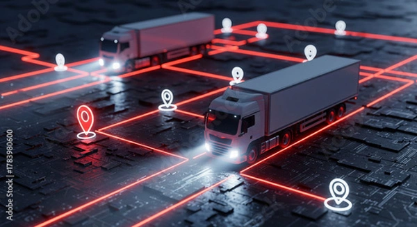 Fototapeta Modern logistics network visualization with delivery trucks and destination points for transportation technology solutions and supply chain management