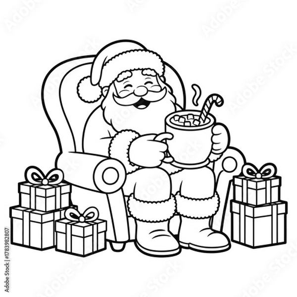 Fototapeta Jolly Santa Claus with Hot Chocolate Coloring Page 
 Black and White Outline