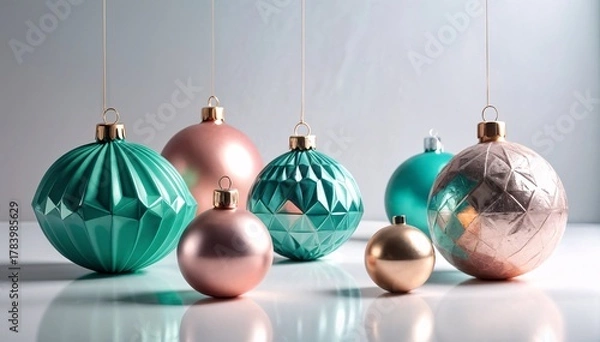 Obraz Pastel teal and rose gold geometric Christmas baubles on reflective surface