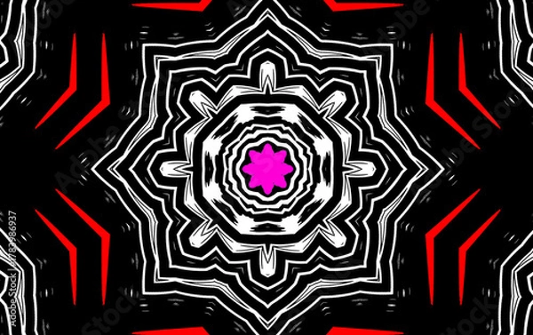 Obraz A symmetrical geometric design featuring a central pink star surrounded by white and black lines. Red arrow shapes accentuate the black background.