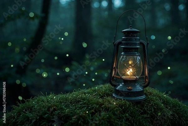 Obraz Vintage lantern glowing in dark forest with fireflies