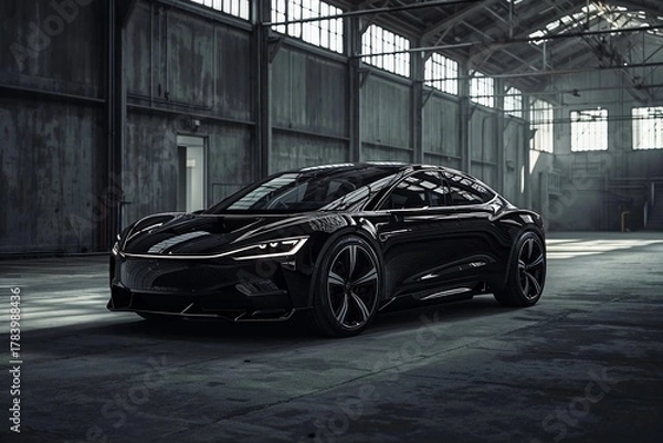 Obraz Black luxury sports car in modern industrial warehouse