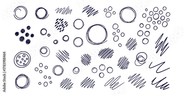 Fototapeta Abstract doodle pack featuring hand drawn circles dots dashes and scribbled line art in black ink
