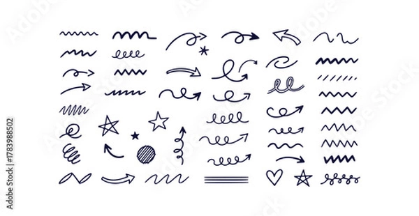 Obraz Monochrome marker pen style doodle lines underlines and curly arrows for graphic design