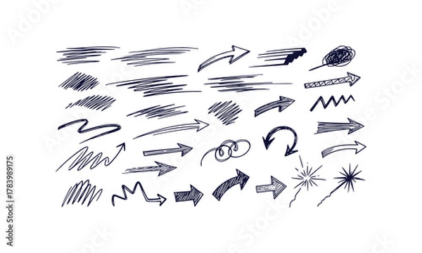 Fototapeta Hand drawn marker doodles set featuring motion lines scribbles arrows and sparks