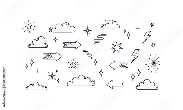 Obraz Cute hand drawn collection of abstract shapes weather icons and decorative elements in black line art