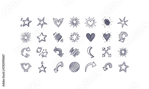 Fototapeta Playful hand drawn doodle icon set with stars hearts scribbles bursts and arrows