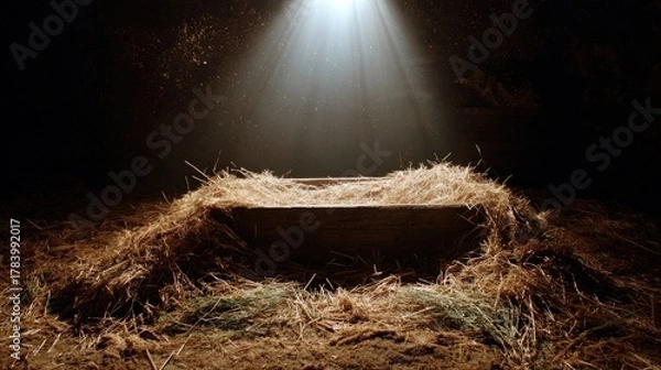 Fototapeta A captivating display of an empty manger, bathed in a celestial light. A scene filled with mystery and faith. ..Created with Generative AI, not depicting real subjects.