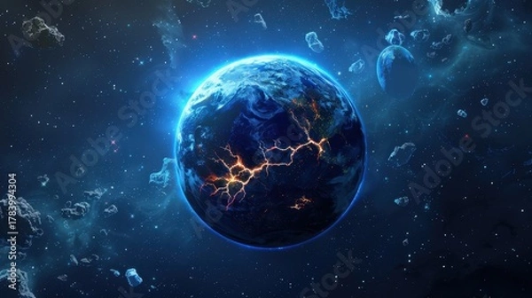 Obraz A glowing blue planet with cracks and glowing lines, surrounded by asteroids in a dark space environment. The scene conveys a sense of cosmic energy and mystery.
