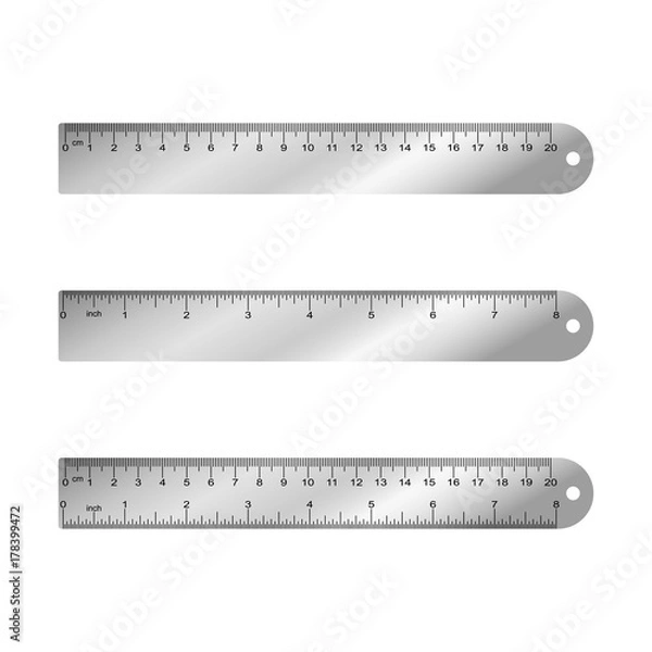 Obraz Metal measuring rulers in centimeters, inches, millimeter - aparted and combined. Vector illustration.