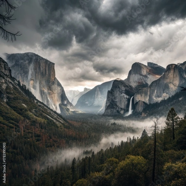Obraz Landscape epic scene with fog and desaturated colors for background. Colorado.