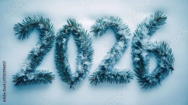 Fototapeta Frozen New Year 2026 numbers made from snowy fir branches on creative winter background