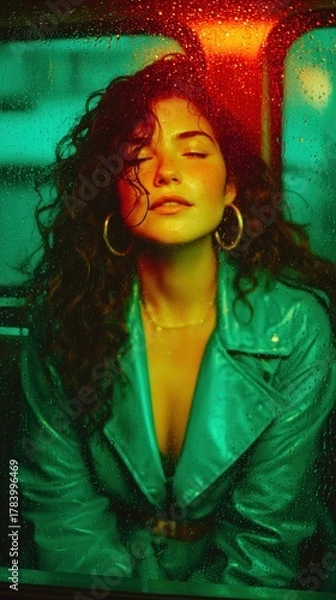 Obraz Beautiful woman behind rainy window with colorful neon lights on moody cinematic night