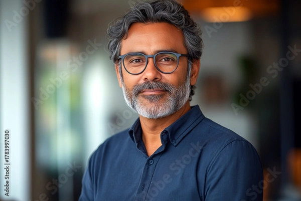 Fototapeta A middle-aged man with glasses and a gray beard, dressed in a dark blue shirt, is shown against a blurred background.