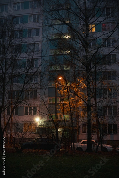 Fototapeta Evening view of residential building with lit windows and warm streetlight shining through autumn trees, parked cars in courtyard, calm urban atmosphere.