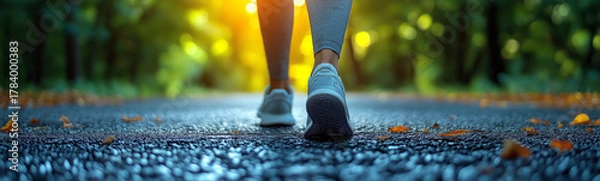 Fototapeta Person walking on road with leaves in the sunlight