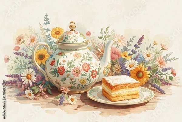 Obraz Floral teapot and cake with wildflowers illustration