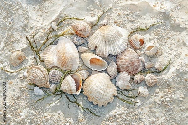 Obraz Seashells and seaweed on sandy beach illustration