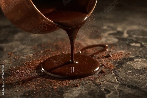 Obraz Melted dark chocolate pouring from saucepan