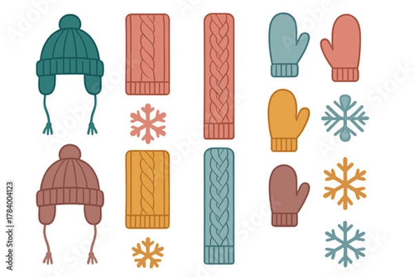 Obraz Assortment of colorful knitted winter hats mittens and scarves with snowflakes