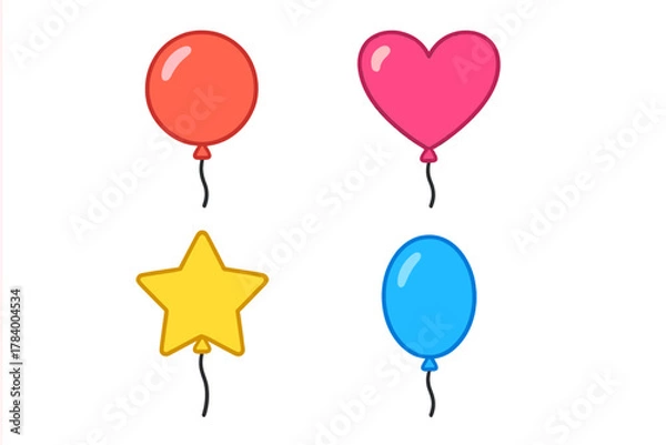 Fototapeta Assortment of colorful balloons in round, heart, and star shapes