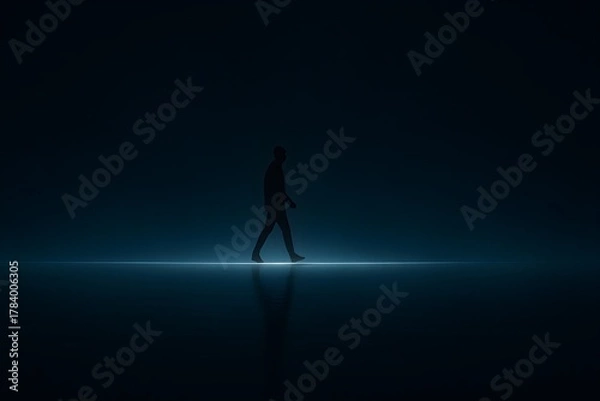 Fototapeta Silhouette of Man Walking in Blue Light – Journey and Solitude Concept