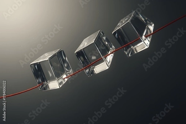 Fototapeta Transparent Glass Cubes Hanging on Red Thread – Connection and Fragility Concept