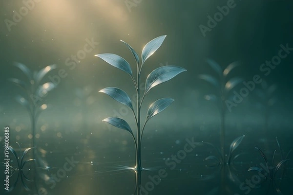 Fototapeta Futuristic Metallic Plant Growing in Light – Hope and Renewal Concept