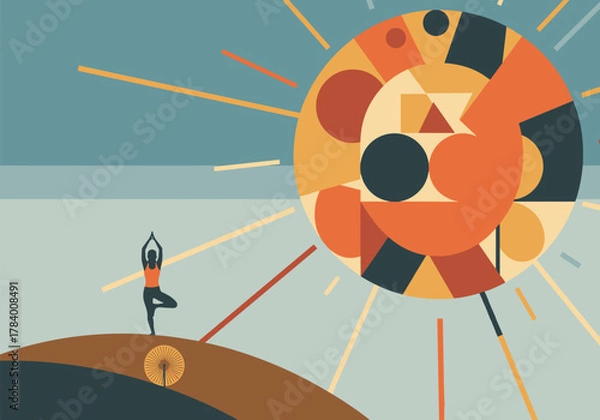 Fototapeta Geometric yoga design with colorful sunset and abstract sun