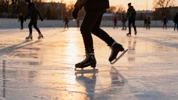 Fototapeta Blades carve frosty haikus on an ice rink under twinkling lights