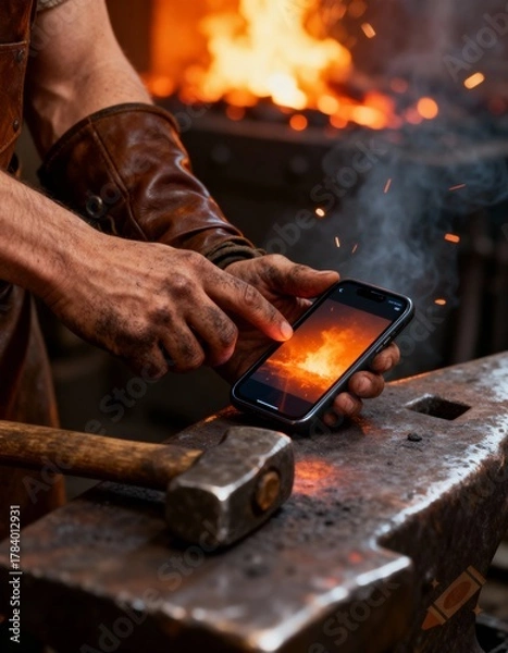 Fototapeta Modern Blacksmith Using Smartphone by the Forge