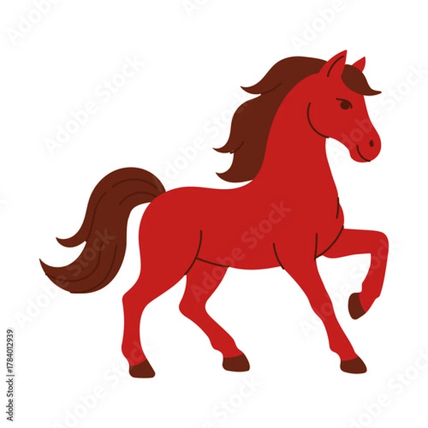 Fototapeta A red horse with a black mane and tail. The horse is standing on a white background