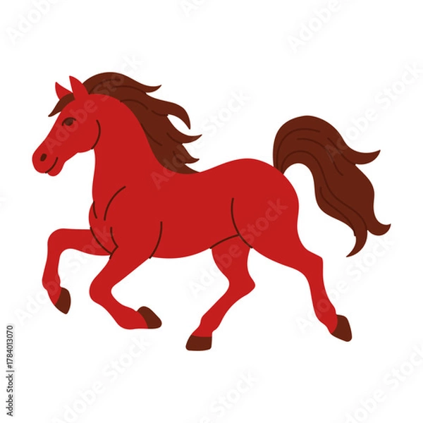 Fototapeta A red horse with a white background. The horse is running and has a happy expression. The horse is the main focus of the image