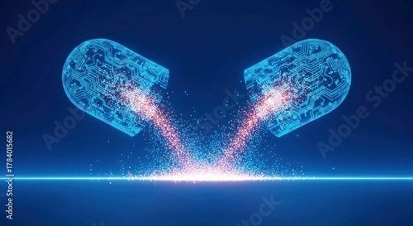 Fototapeta Digital Capsule Pill Splitting Open, Releasing Therapeutic Particles with Glowing Effect, Representing Advanced Medicine and Drug Delivery