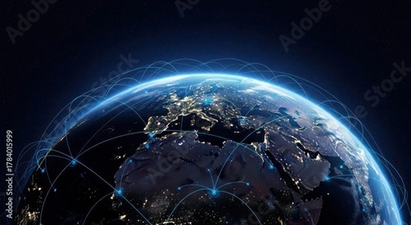 Obraz Global Network and Data Connections Encircling Planet Earth at Night, Illustrating Telecommunications and Internet Technology