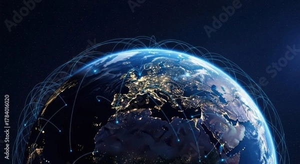 Fototapeta Global Network and Data Connections Encircling Planet Earth at Night, Illustrating Telecommunications and Internet Technology