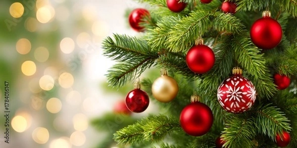 Fototapeta Christmas tree branches decorating with red and gold ornaments