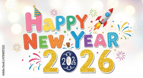 Fototapeta Happy New Year 2026 celebration with rocket and confetti.
