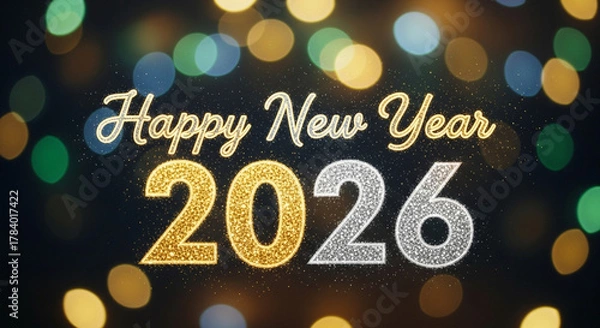 Fototapeta Happy New Year 2026 glitter text with festive bokeh lights background
