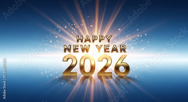 Fototapeta Happy New Year 2026 golden text with glowing starburst on blue background